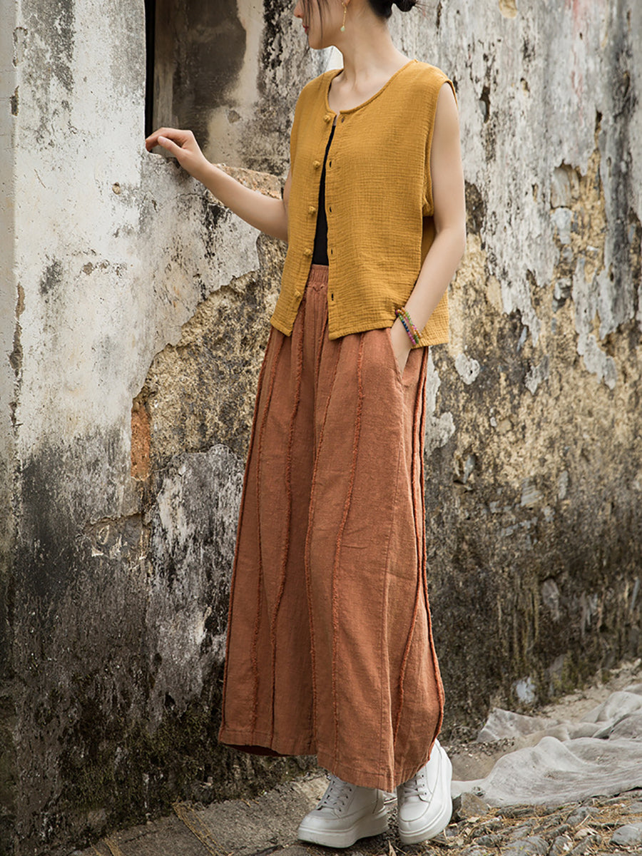 Women Summer Worn Raw-edge Ramie Wide-leg Pants