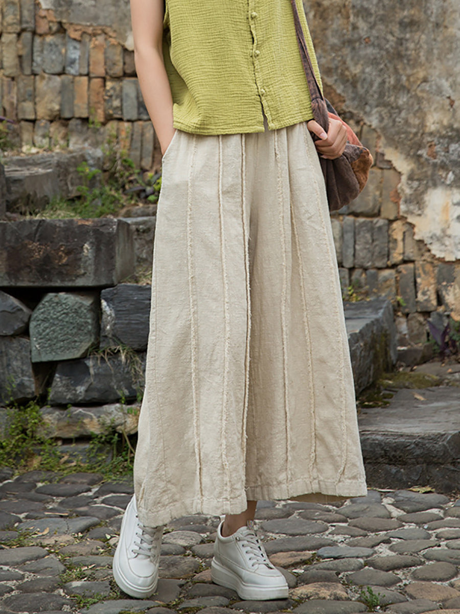 Women Summer Worn Raw-edge Ramie Wide-leg Pants