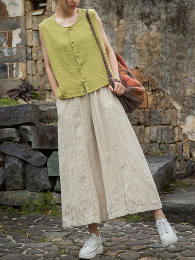 Women Summer Worn Raw-edge Ramie Wide-leg Pants