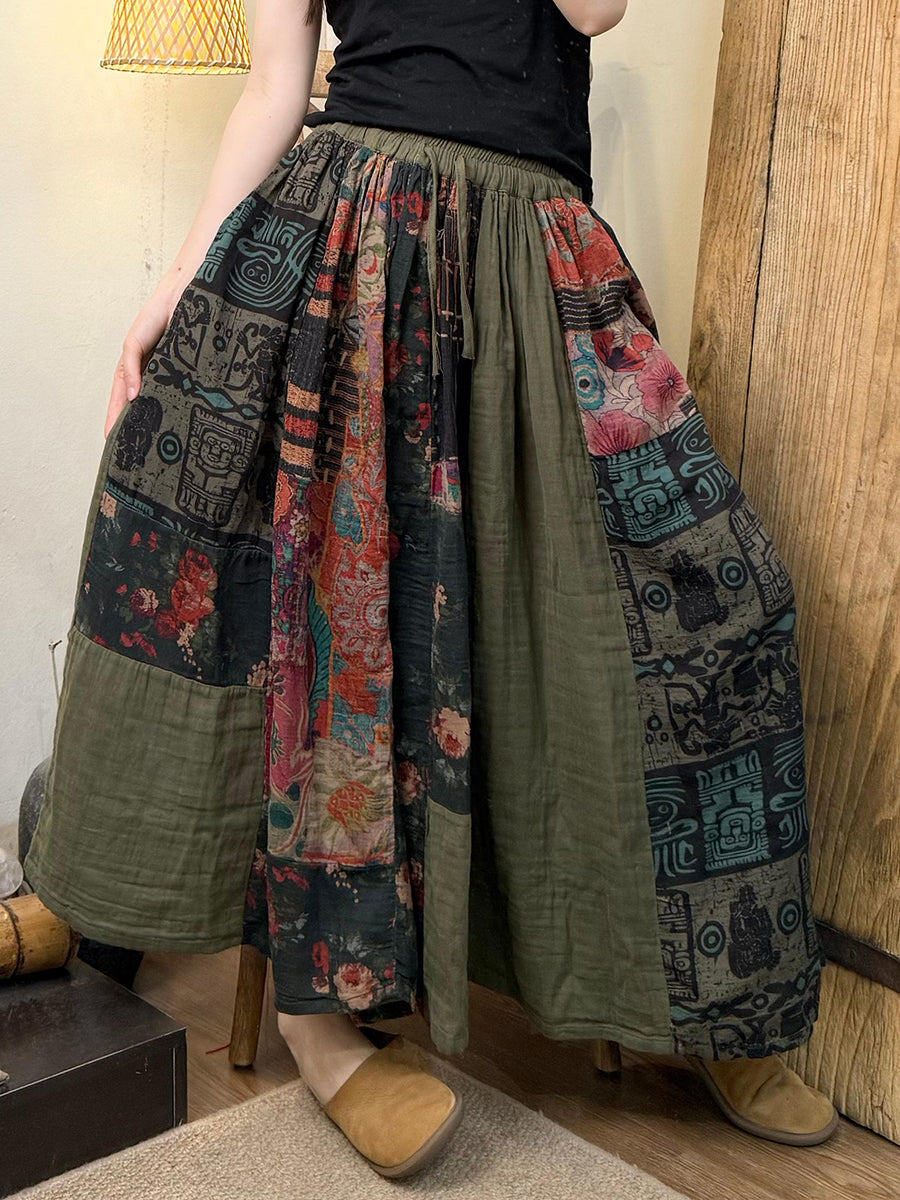 Women Summer Retro Flower Patchwork Cotton Skirt