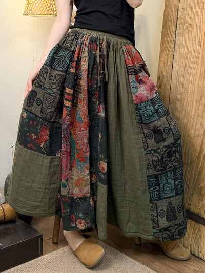 Women Summer Retro Flower Patchwork Cotton Skirt