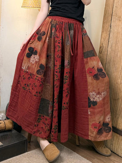 Women Summer Retro Flower Patchwork Cotton Skirt