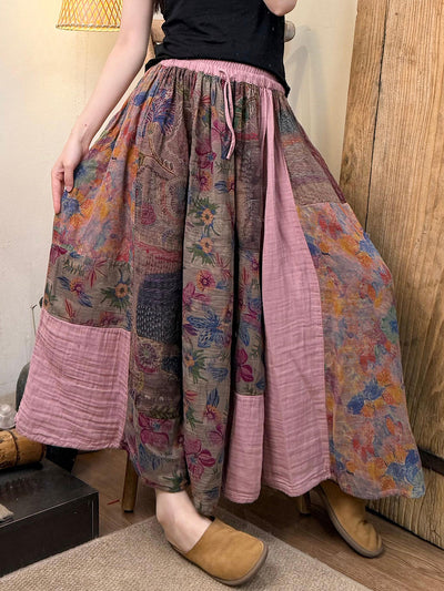 Women Summer Retro Flower Patchwork Cotton Skirt