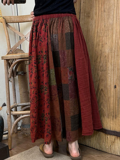 Women Summer Retro Flower Patchwork Cotton Skirt