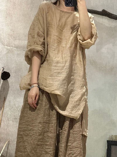 Women Summer Artsy Pure Color O-Neck Ramie Shirt