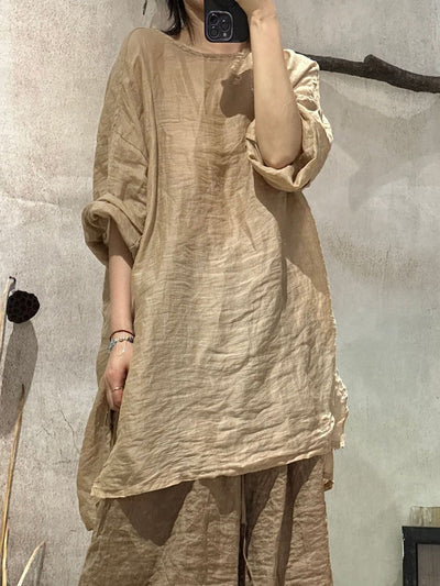 Women Summer Artsy Pure Color O-Neck Ramie Shirt