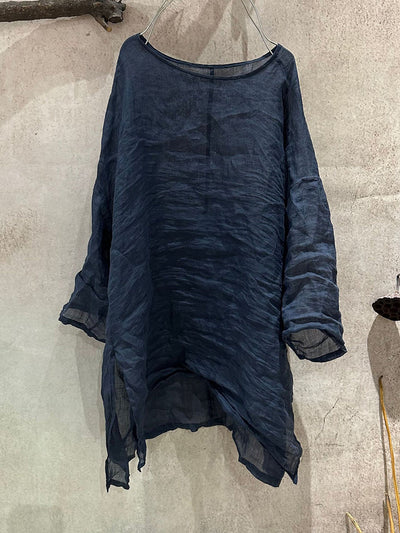 Women Summer Artsy Pure Color O-Neck Ramie Shirt