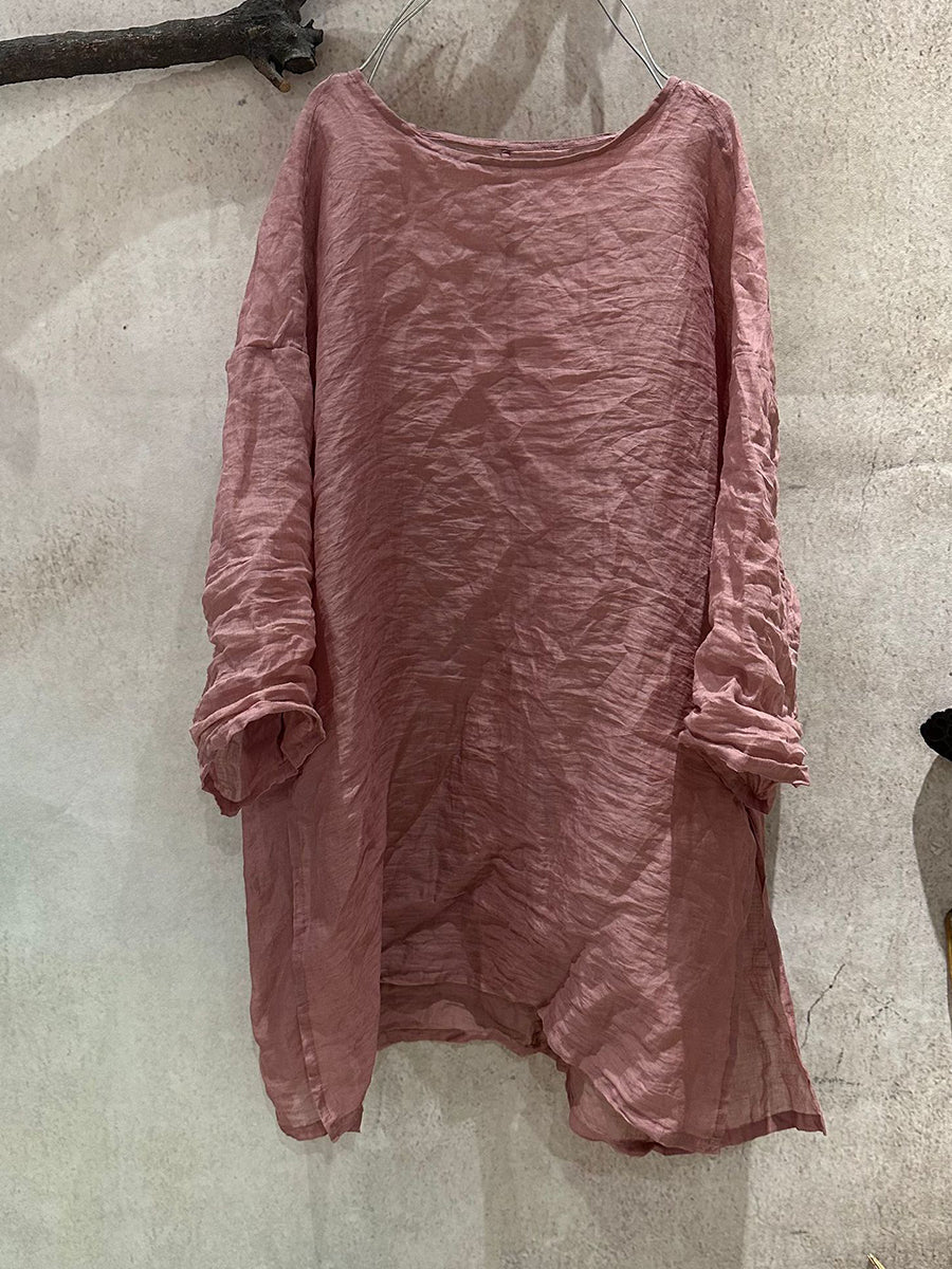 Women Summer Artsy Pure Color O-Neck Ramie Shirt