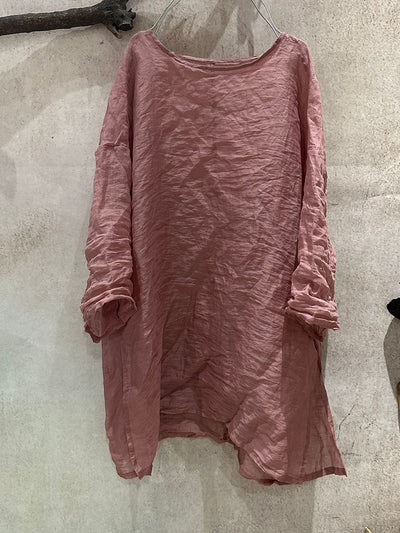 Women Summer Artsy Pure Color O-Neck Ramie Shirt