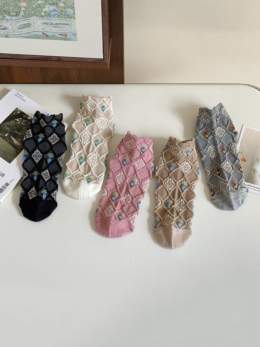 5 Pairs Women Artsy Floral Jacquard Short Socks