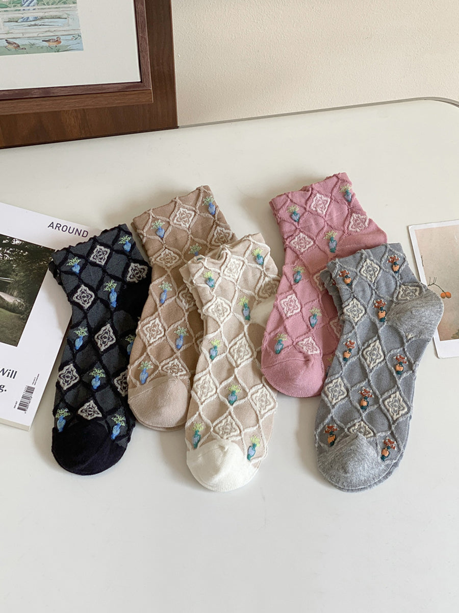 5 Pairs Women Artsy Floral Jacquard Short Socks