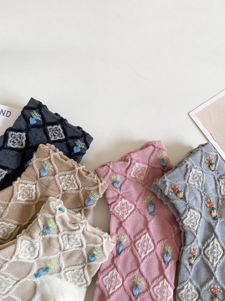 5 Pairs Women Artsy Floral Jacquard Short Socks