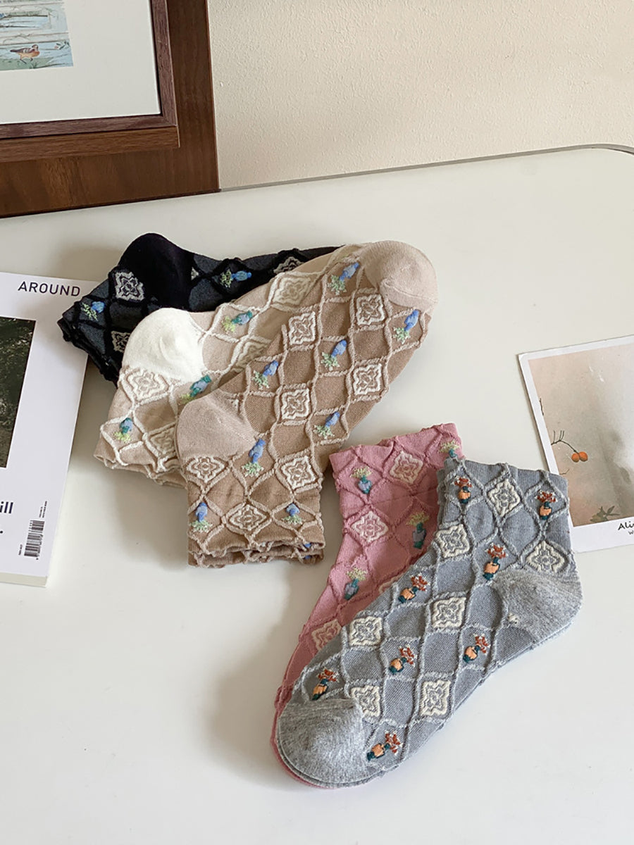 5 Pairs Women Artsy Floral Jacquard Short Socks