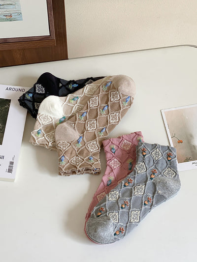 5 Pairs Women Artsy Floral Jacquard Short Socks