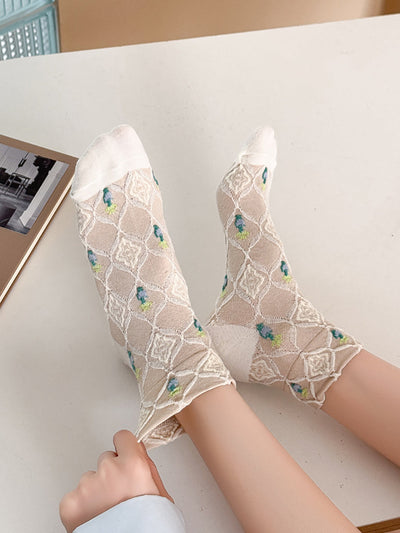 5 Pairs Women Artsy Floral Jacquard Short Socks