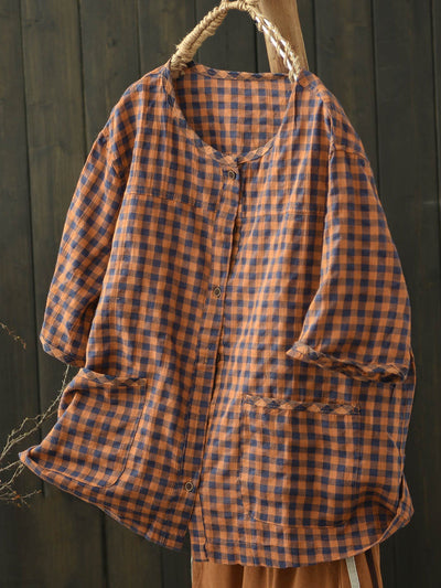 Women Summer Casual Plaid O-Neck Cotton Shirt