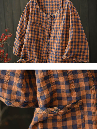 Women Summer Casual Plaid O-Neck Cotton Shirt