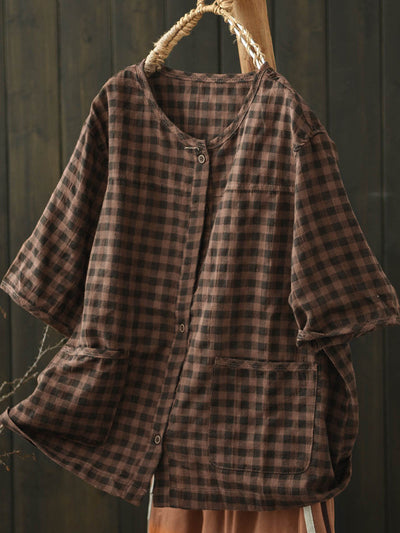 Women Summer Casual Plaid O-Neck Cotton Shirt