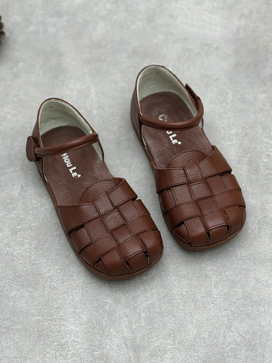 Women Vintage Genuine Leather Weave Flat Shoes