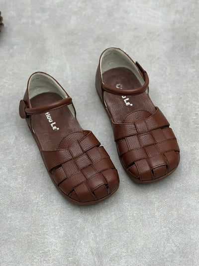 Women Vintage Genuine Leather Weave Flat Shoes