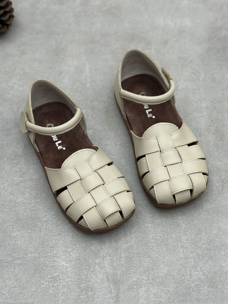 Women Vintage Genuine Leather Weave Flat Shoes