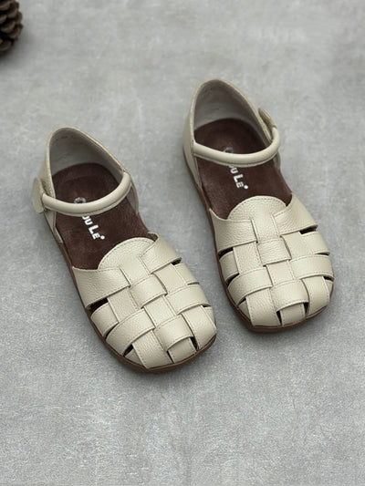 Women Vintage Genuine Leather Weave Flat Shoes
