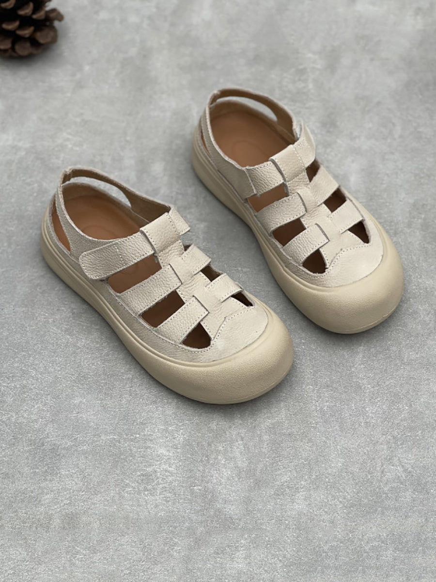 Women Summer Leather Spliced Flat Sandals