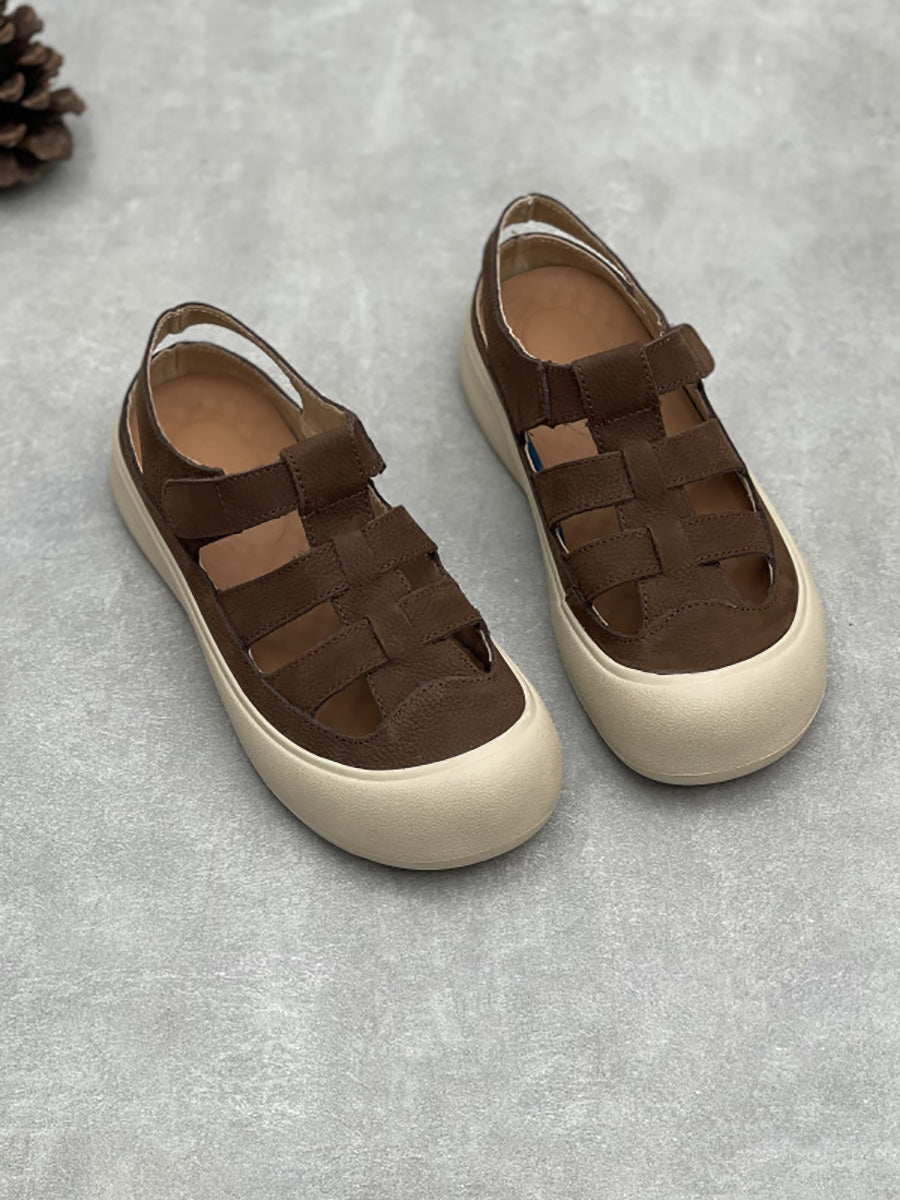 Women Summer Leather Spliced Flat Sandals