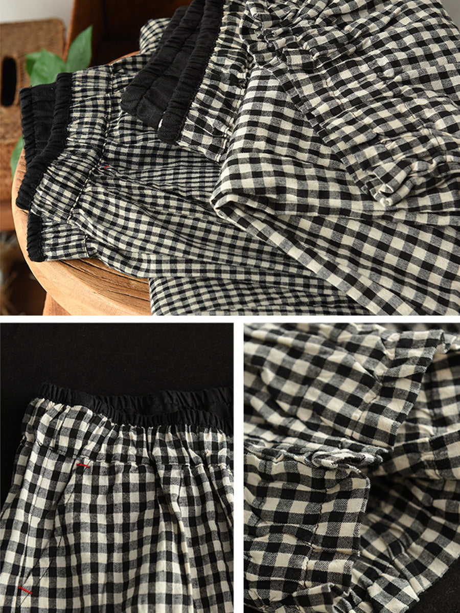 Plus Size Women Summer Retro Plaid 100%Cotton Harem Pants