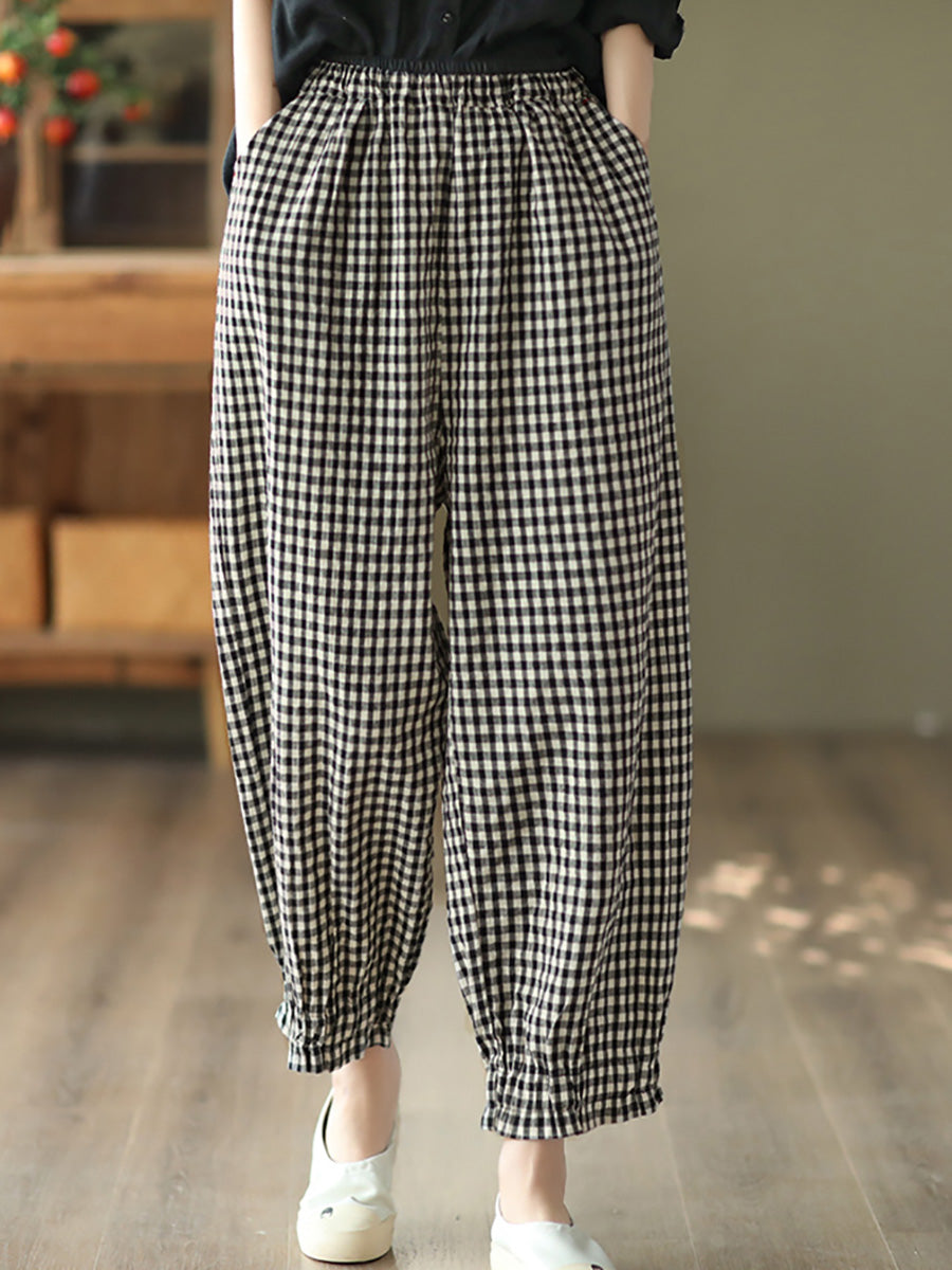 Plus Size Women Summer Retro Plaid 100%Cotton Harem Pants