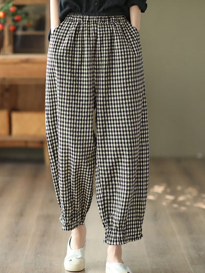 Plus Size Women Summer Retro Plaid 100%Cotton Harem Pants
