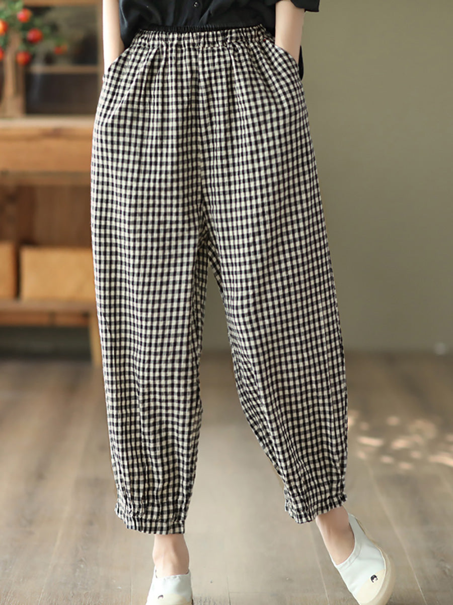 Plus Size Women Summer Retro Plaid 100%Cotton Harem Pants