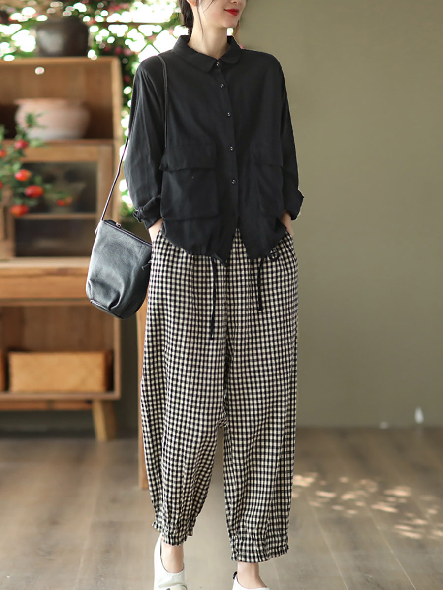 Plus Size Women Summer Retro Plaid 100%Cotton Harem Pants