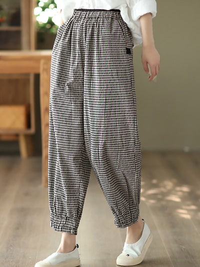 Plus Size Women Summer Retro Plaid 100%Cotton Harem Pants