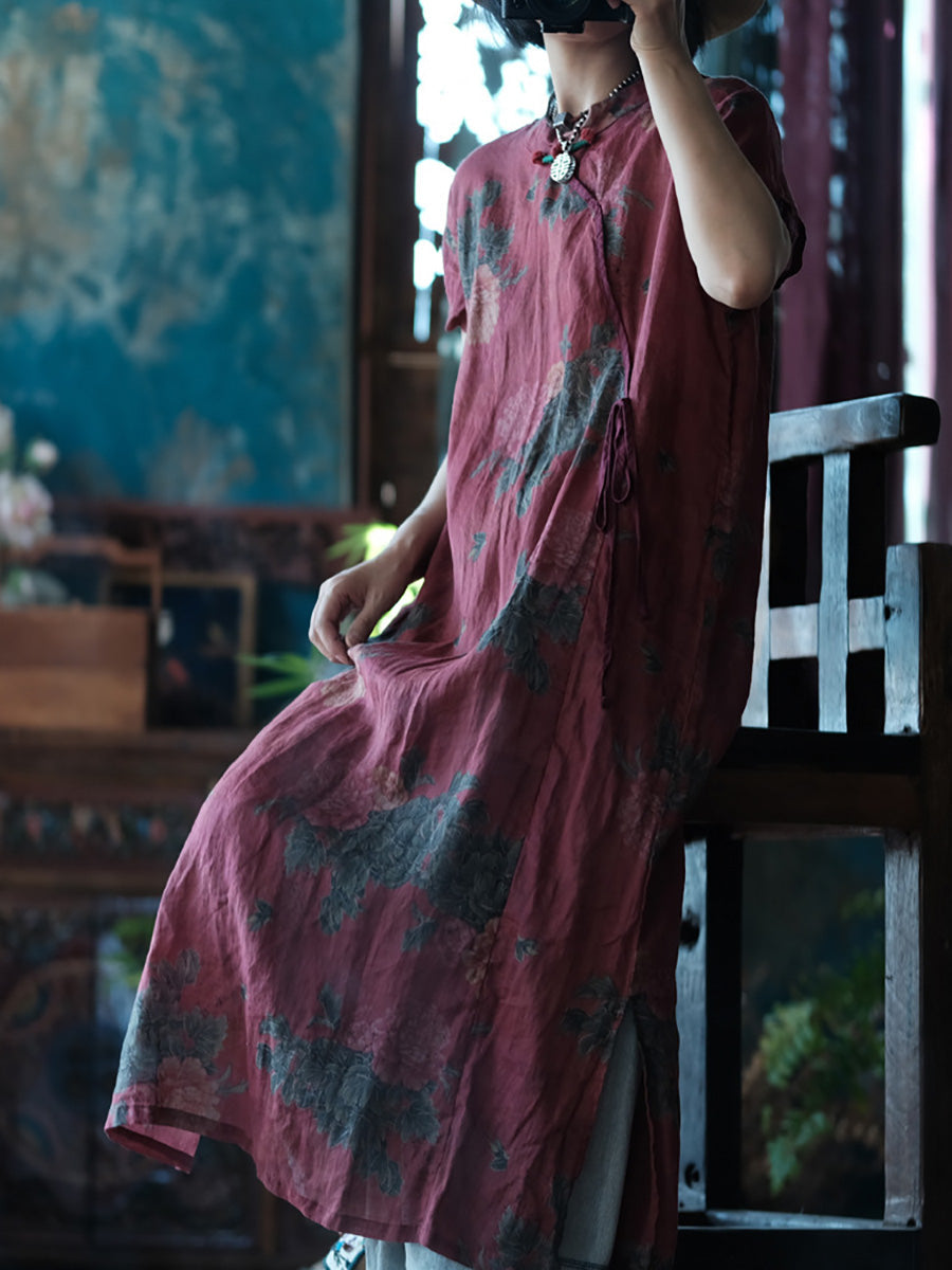 Women Summer Artsy Flower Stand Collar Linen Dress