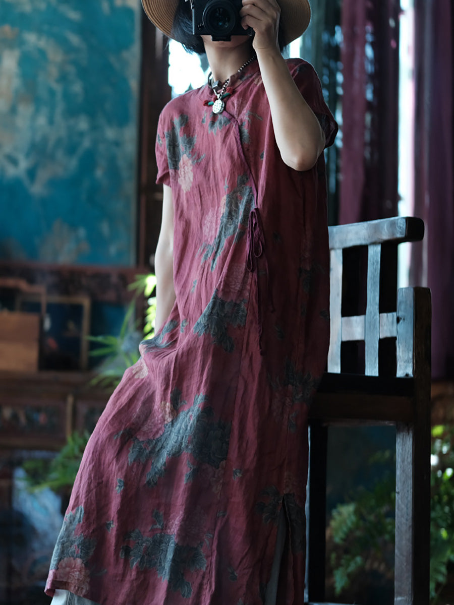 Women Summer Artsy Flower Stand Collar Linen Dress