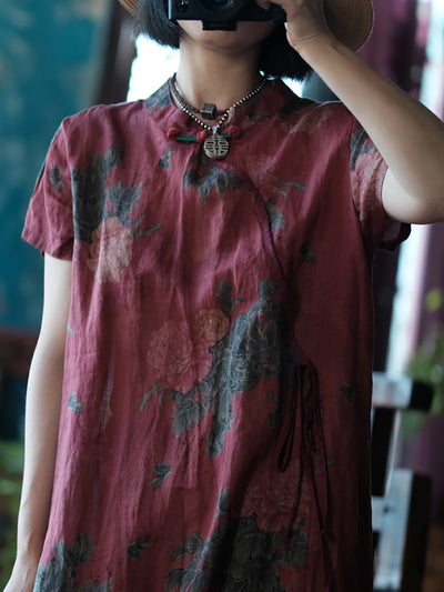 Women Summer Artsy Flower Stand Collar Linen Dress