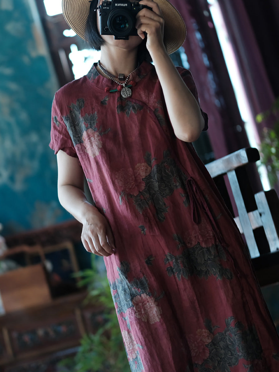 Women Summer Artsy Flower Stand Collar Linen Dress