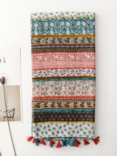 Women Bohemia Floral Spliced Tassel Shawl Scarf