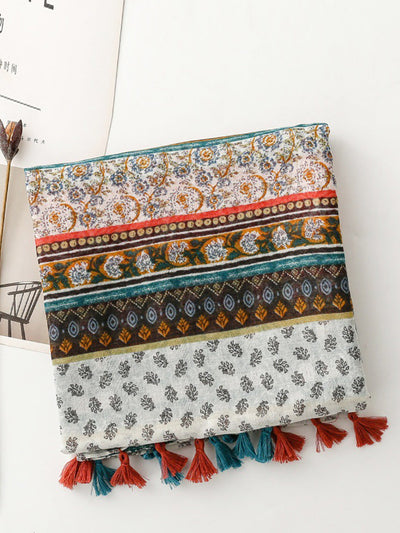 Women Bohemia Floral Spliced Tassel Shawl Scarf