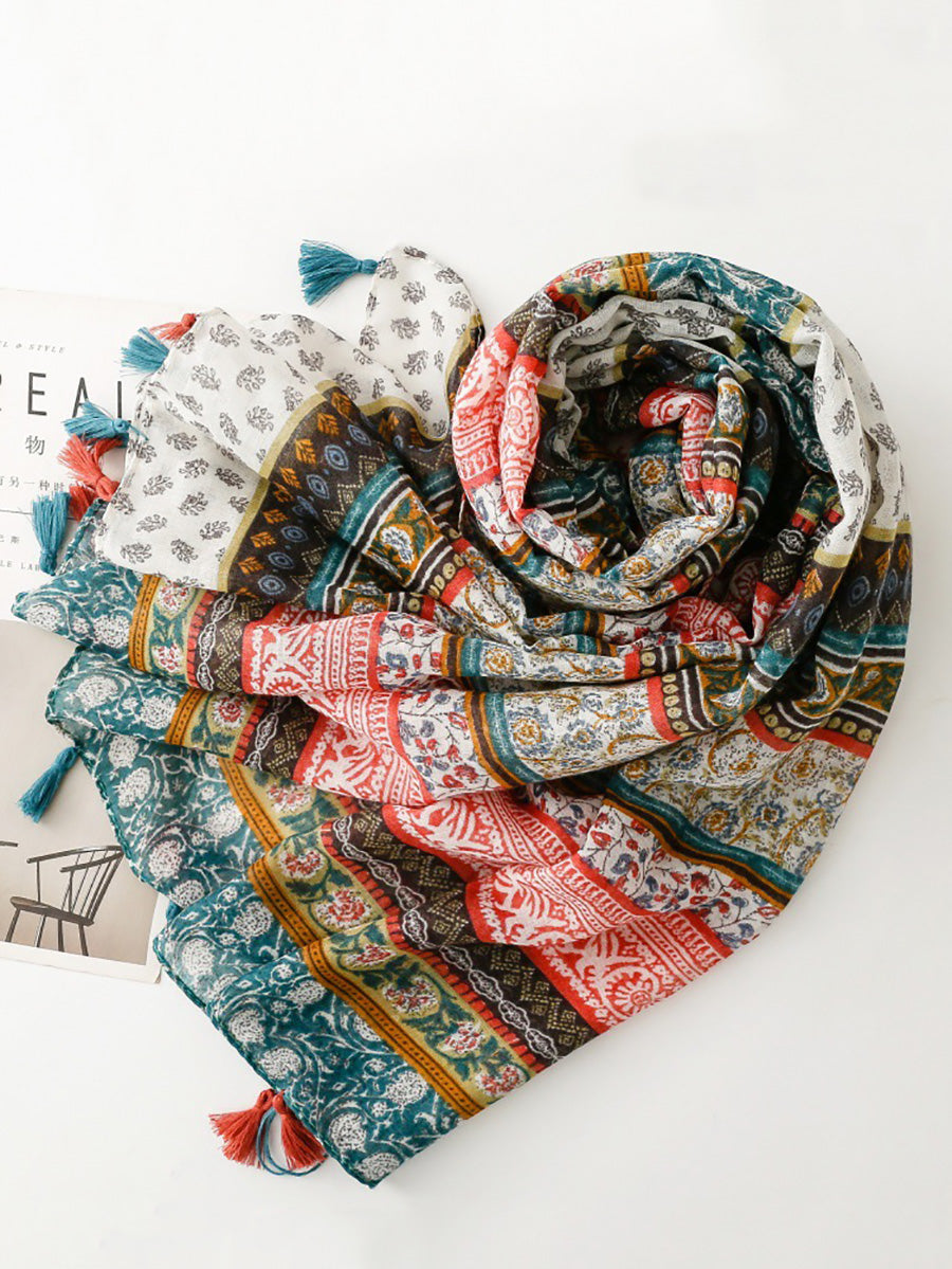 Women Bohemia Floral Spliced Tassel Shawl Scarf