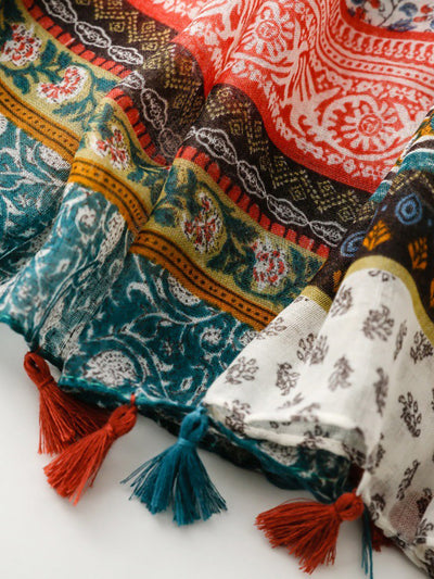 Women Bohemia Floral Spliced Tassel Shawl Scarf