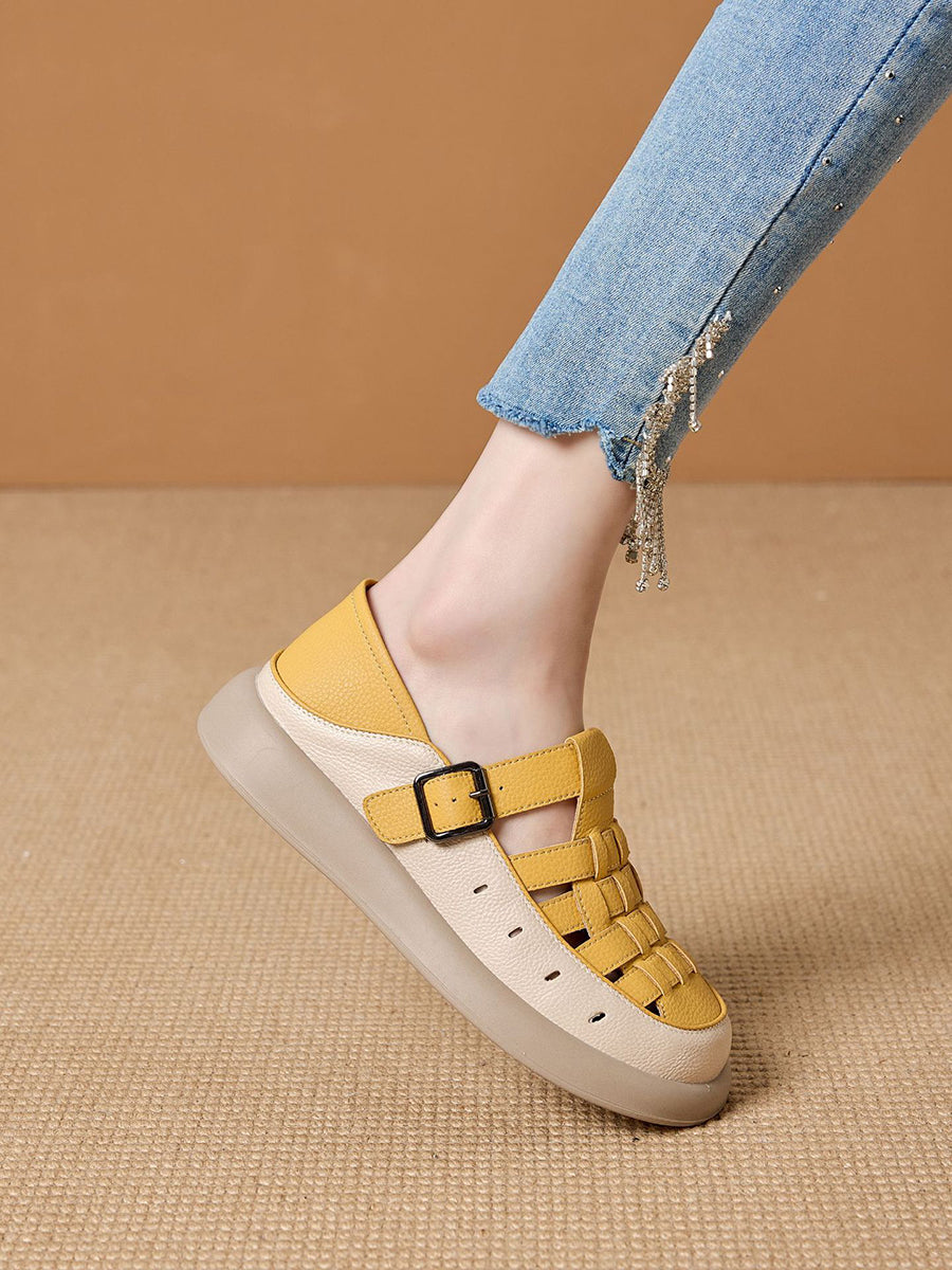 Women Casual Summer Genuine Leather Weave Flat Shoes