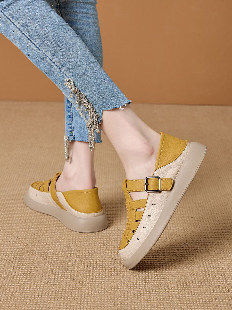 Women Casual Summer Genuine Leather Weave Flat Shoes