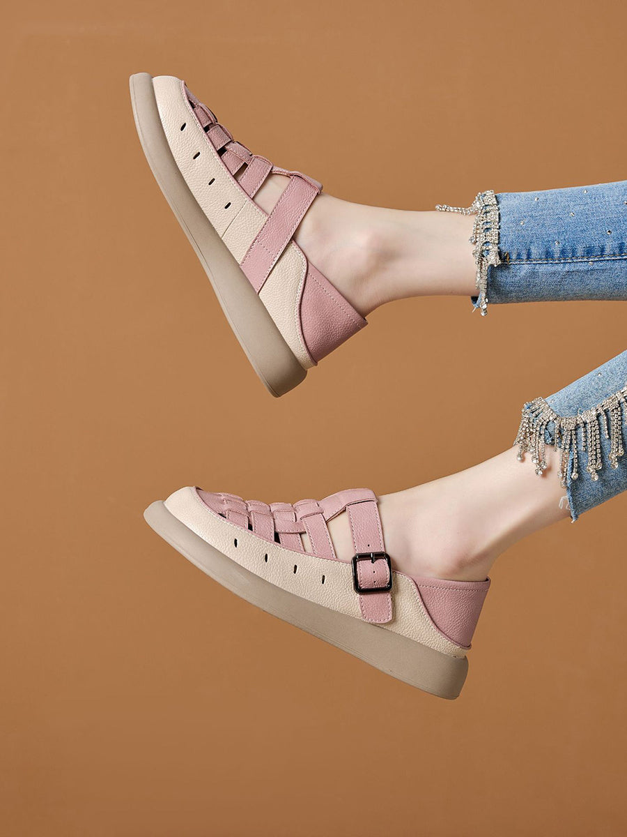 Women Casual Summer Genuine Leather Weave Flat Shoes