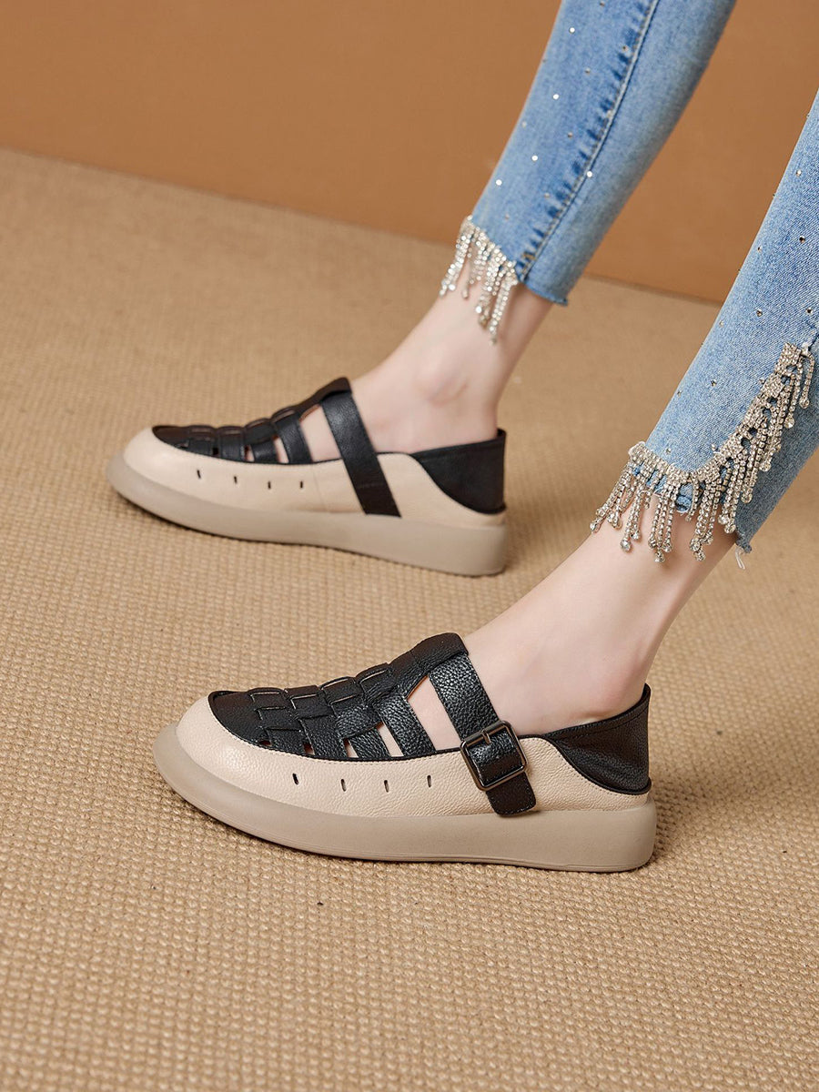Women Casual Summer Genuine Leather Weave Flat Shoes