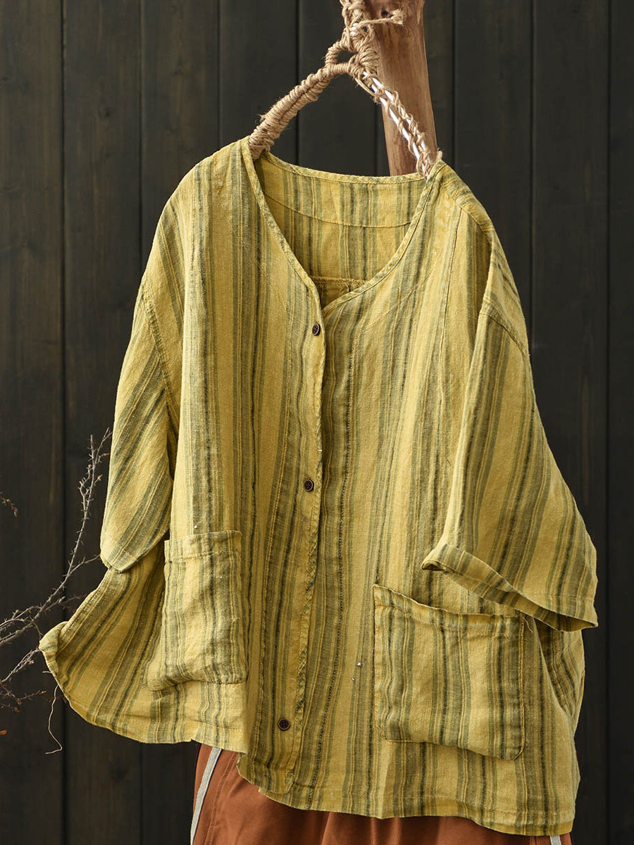 Women Summer Retro Stripe V-Neck Linen Shirt