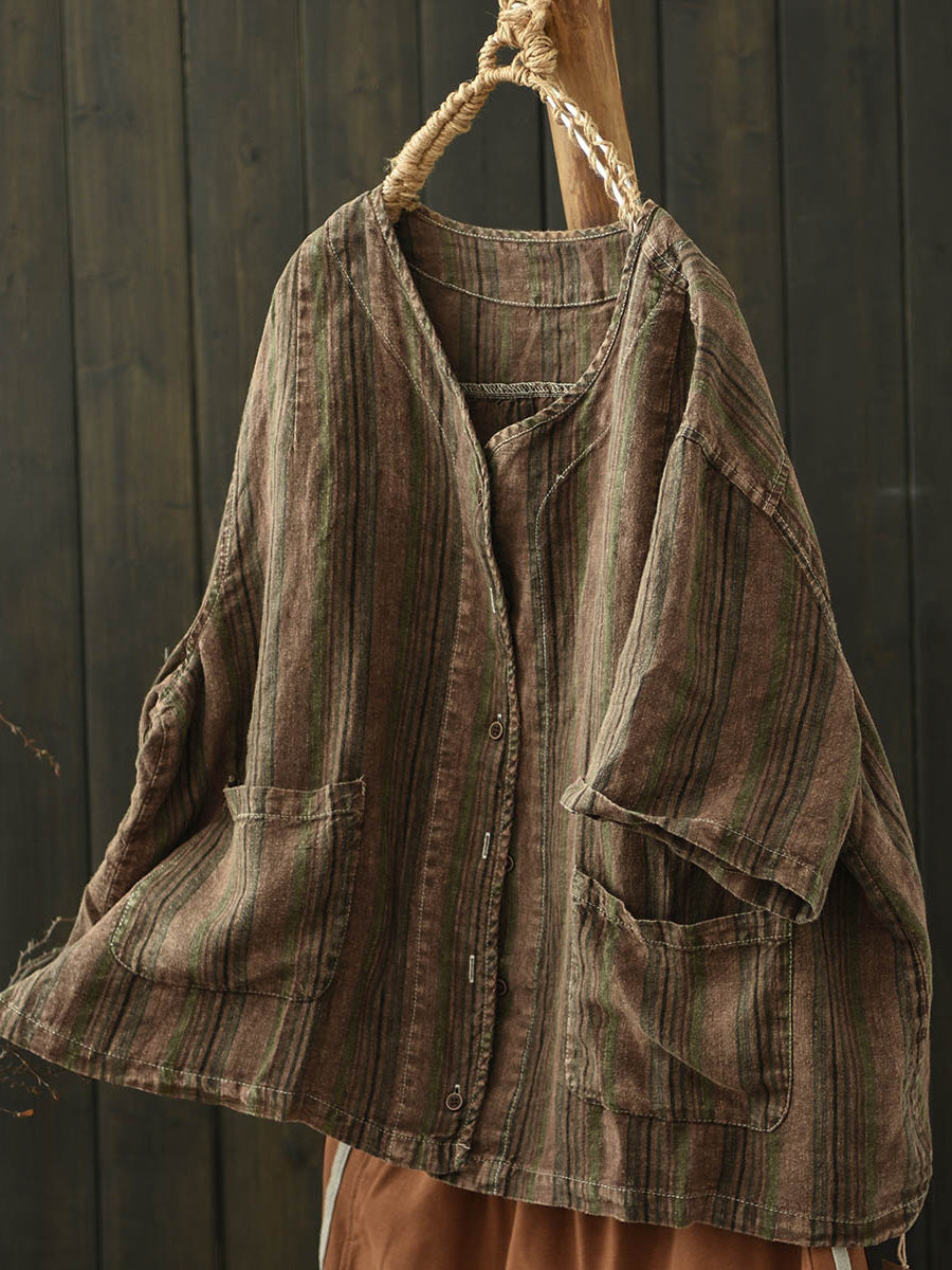 Women Summer Retro Stripe V-Neck Linen Shirt