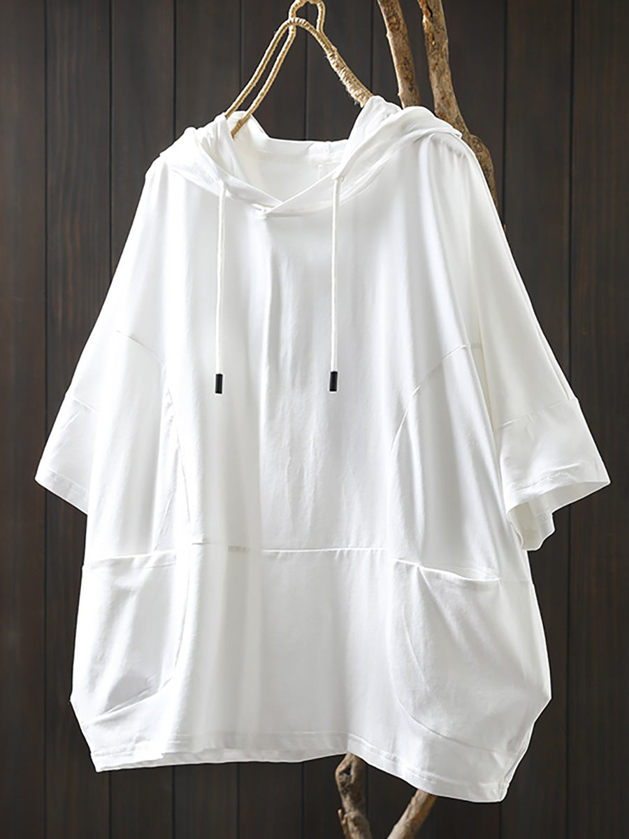 Plus Size Women Summer Casual Pure Color Hooded Cotton Shirt