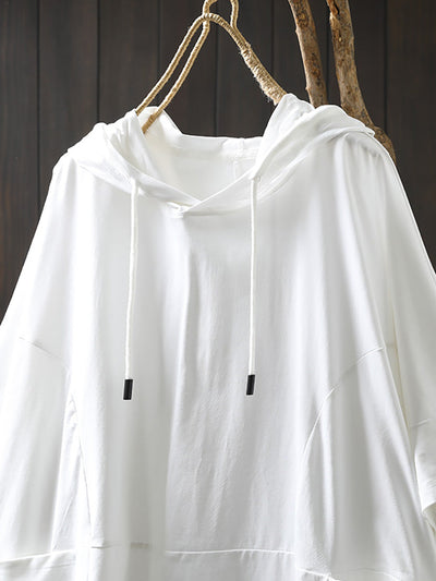 Plus Size Women Summer Casual Pure Color Hooded Cotton Shirt